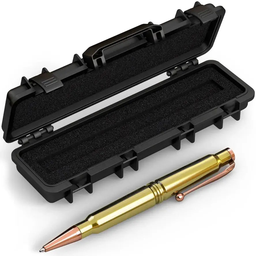Bullet Casing Pen .308 caliber twist pen made from real bullet casings, displayed alongside its black gift box which resembles a rifle case.