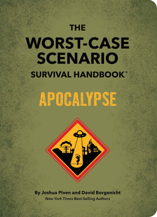 The cover of the book titled 'The Worst-Case Scenario Survival Handbook: Apocalypse' featuring a graphic of a bomb and the authors' names, Joshua Piven and David Borgenicht.