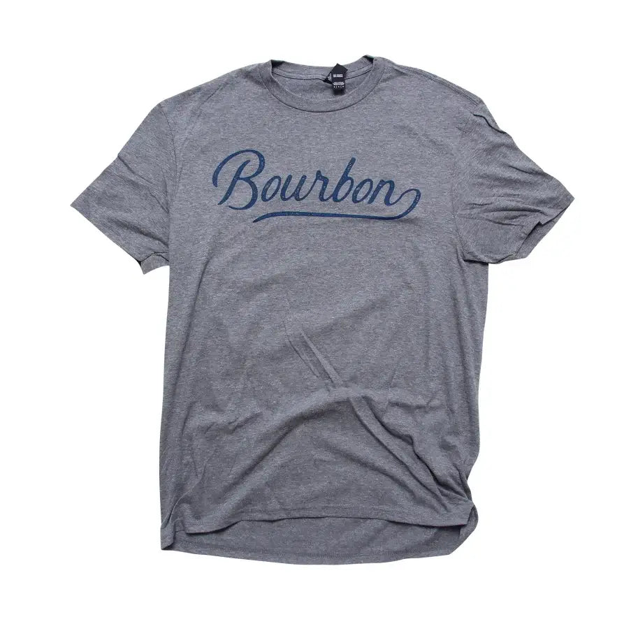 Bourbon Shirt featuring navy bourbon script on soft heather grey fabric for comfort.