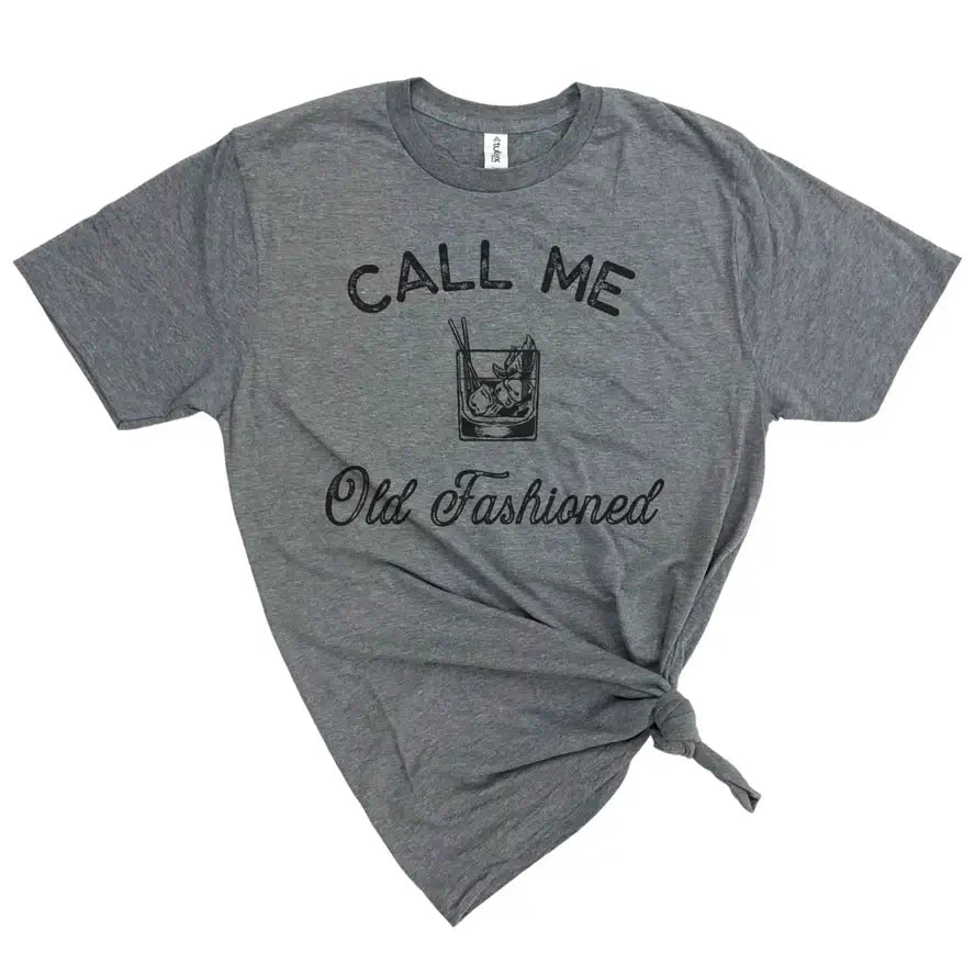 Gray t-shirt with 'Call Me Old Fashioned' text and bourbon glass design, perfect for bourbon shirts lovers.