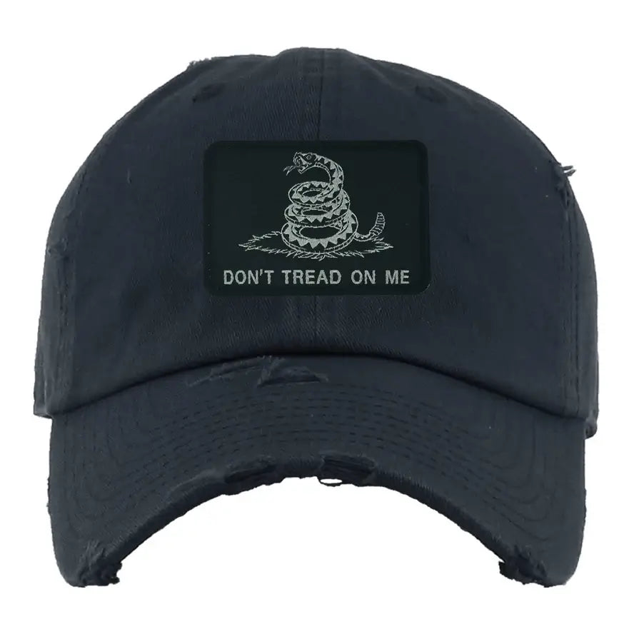 Hats Don't Tread On Me Patch hat featuring a distressed design, unisex style, and made for comfort - perfect for all hat lovers.