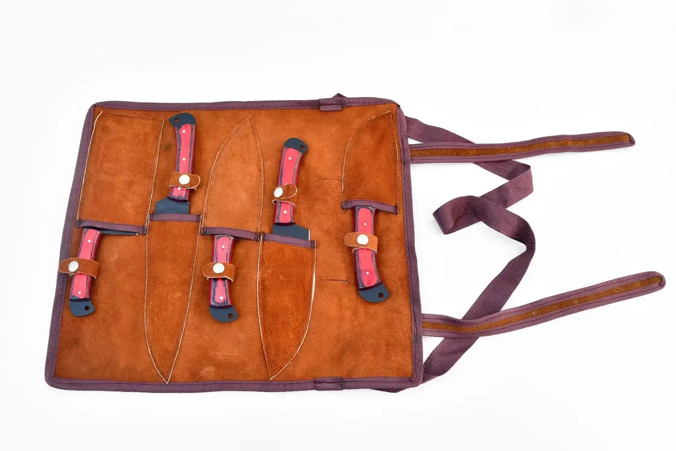 5-Piece Chef Knife Set with leather carry bag, featuring Damascus steel blades and Diamond Wood Red handles.