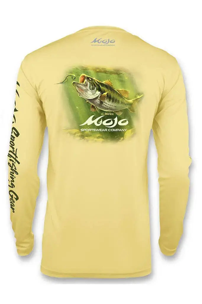 A yellow long sleeve shirt with a graphic of a fish on the front and the Mojo Sportswear logo.