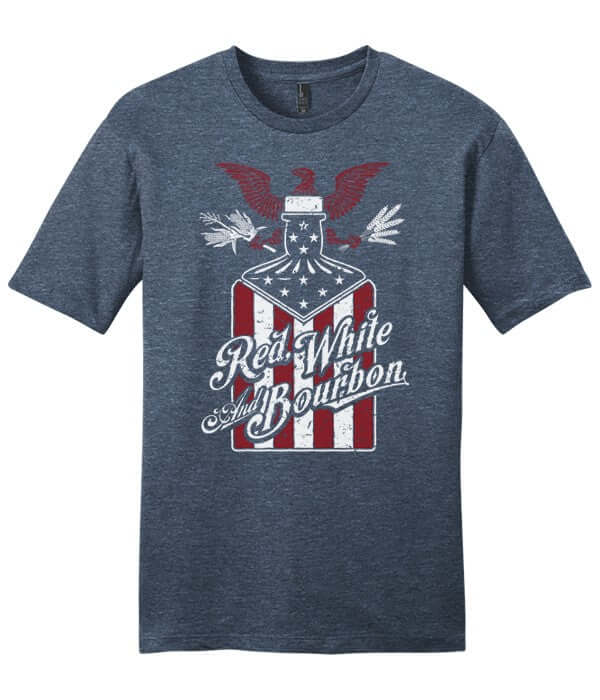 T-Shirt Bourbon A blue t-shirt with red and white bourbon-themed graphic elements and text 'RED, WHITE & BOURBON'.
