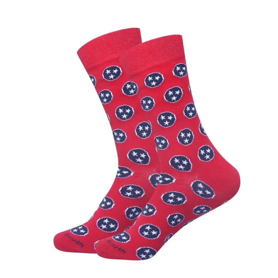 Tennessee socks color options featuring a bold red design with navy stars highlighted in circular patterns.