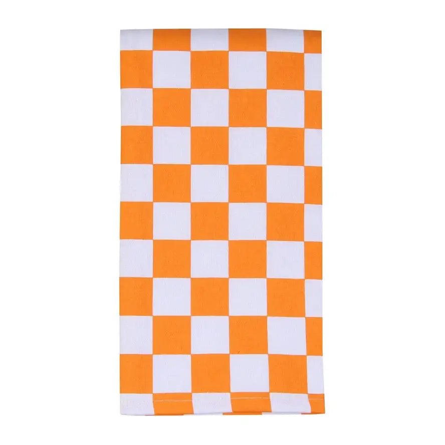 Tennessee checkerboard tea towel with orange and white squares on a white background