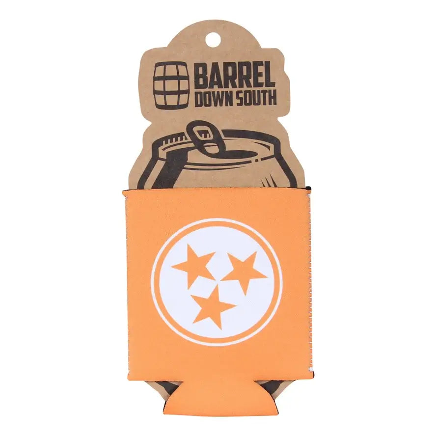 TN Orange/White Football Koozies - Style Options with Tennessee logo and barrel packaging for drink coolers.