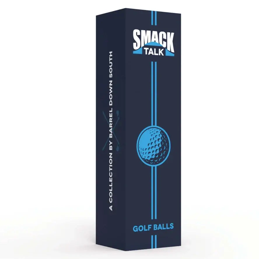 Smack Talk Golf Balls packaging showcasing fun golf gifts, featuring a distinctive blue design and golf ball graphic.