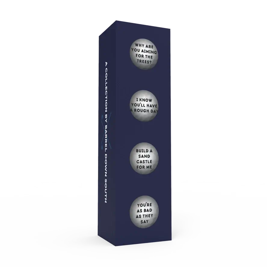 Fun Golf Gifts Box of golf balls with humorous text on a white background