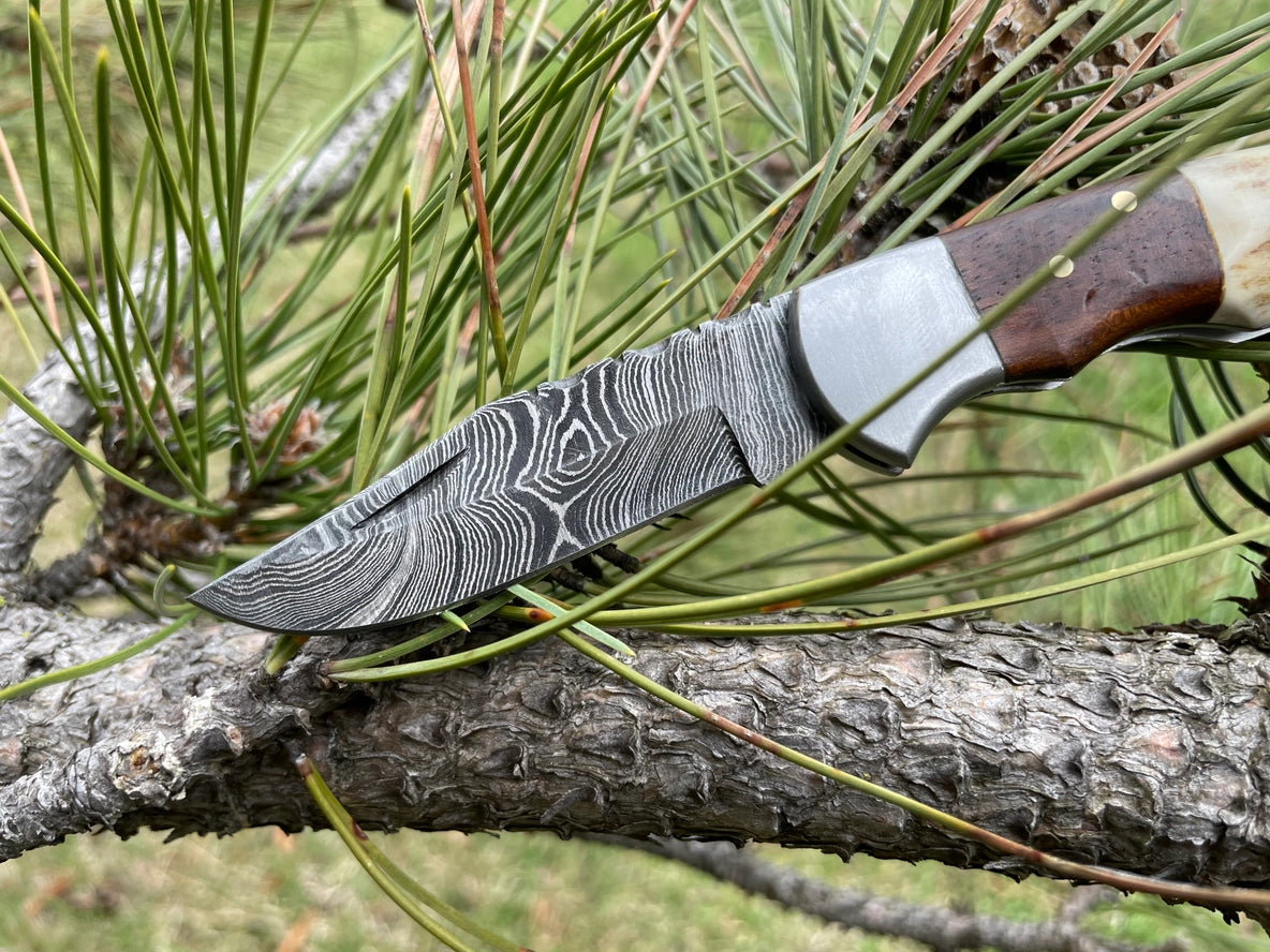 Walnut Wood & Stag 6.5'' Damascus Steel Pocket Knife