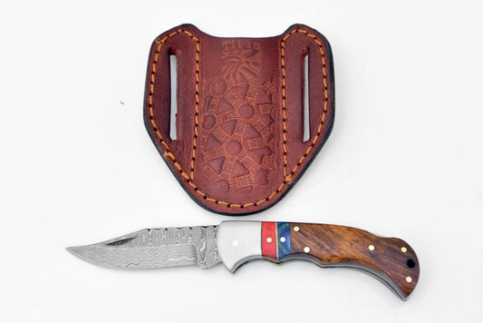 Damascus Steel Pocket Knife Limited Run Walnut Wood and Diam