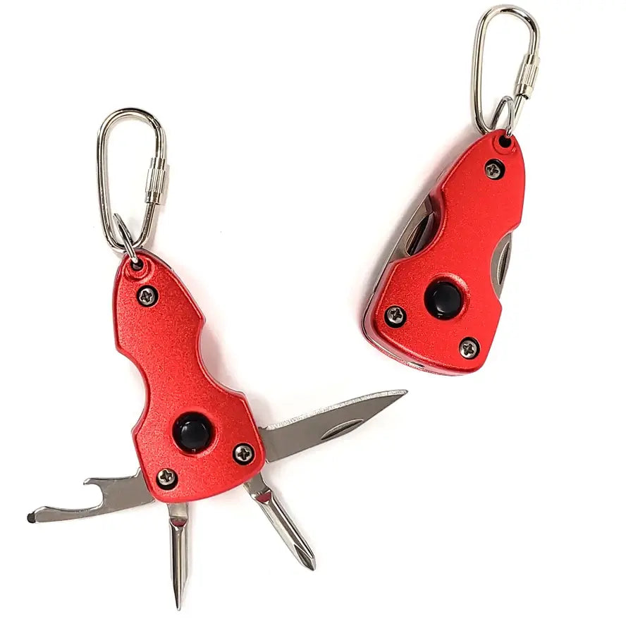 Multi tool A red and black 'Thinga-Ma-Bob' keychain multi-tool with a flashlight, bottle opener, and screwdrivers featured on a packaging and a key ring.
