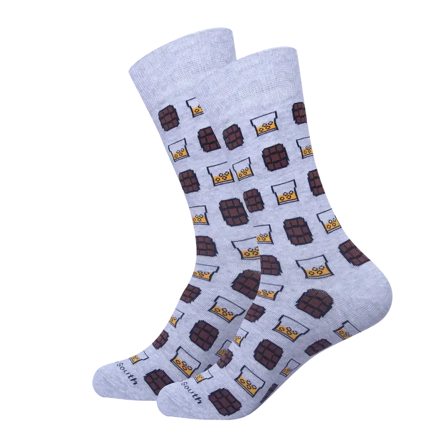 Bourbon Socks | Grey On the Rocks Socks Grey socks with bourbon glass pattern on a white background