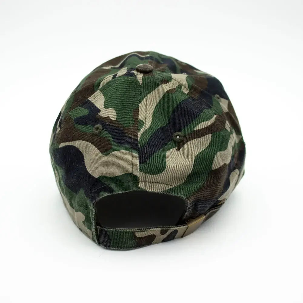 Back view of 615 Area Code Hat with a camouflage design and adjustable strap.