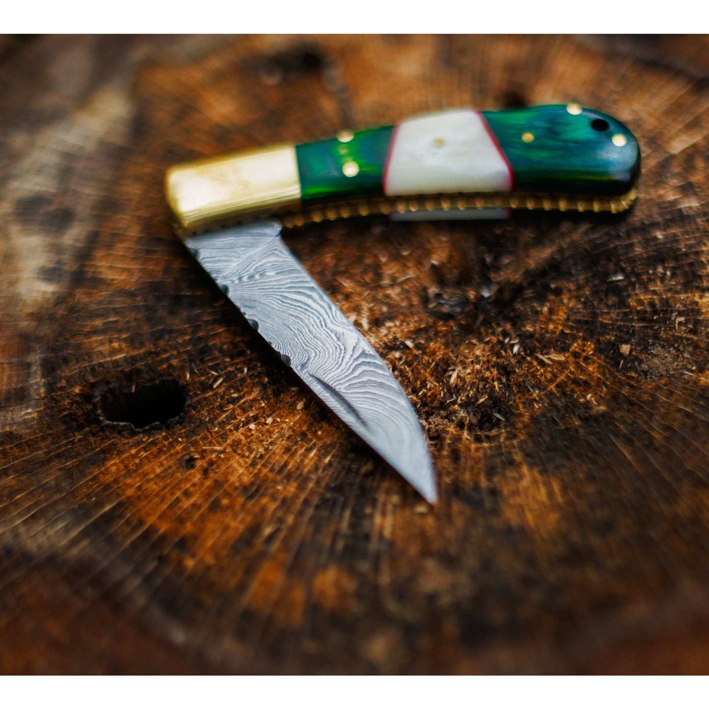 Damascus Folder Pocket Knife - Green