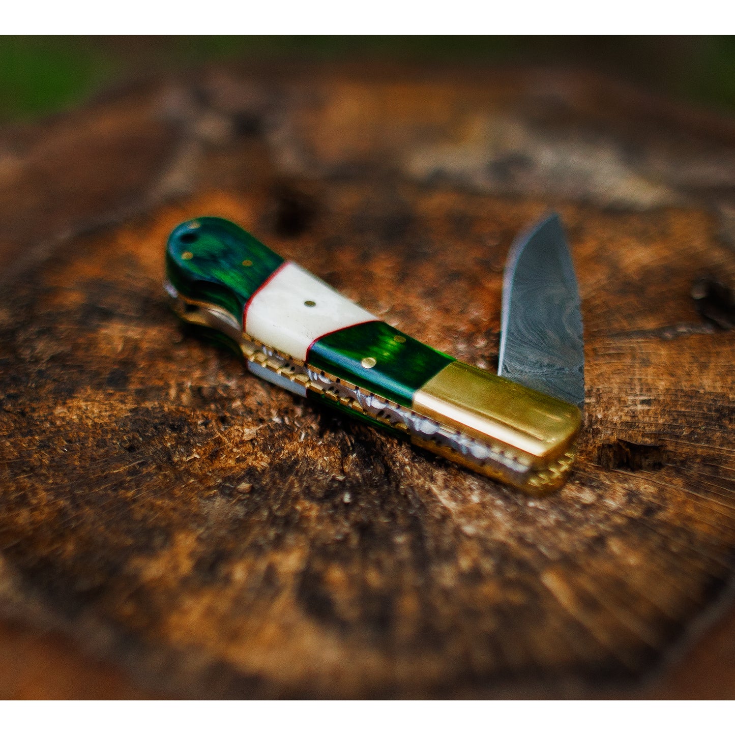 Damascus Folder Pocket Knife - Green