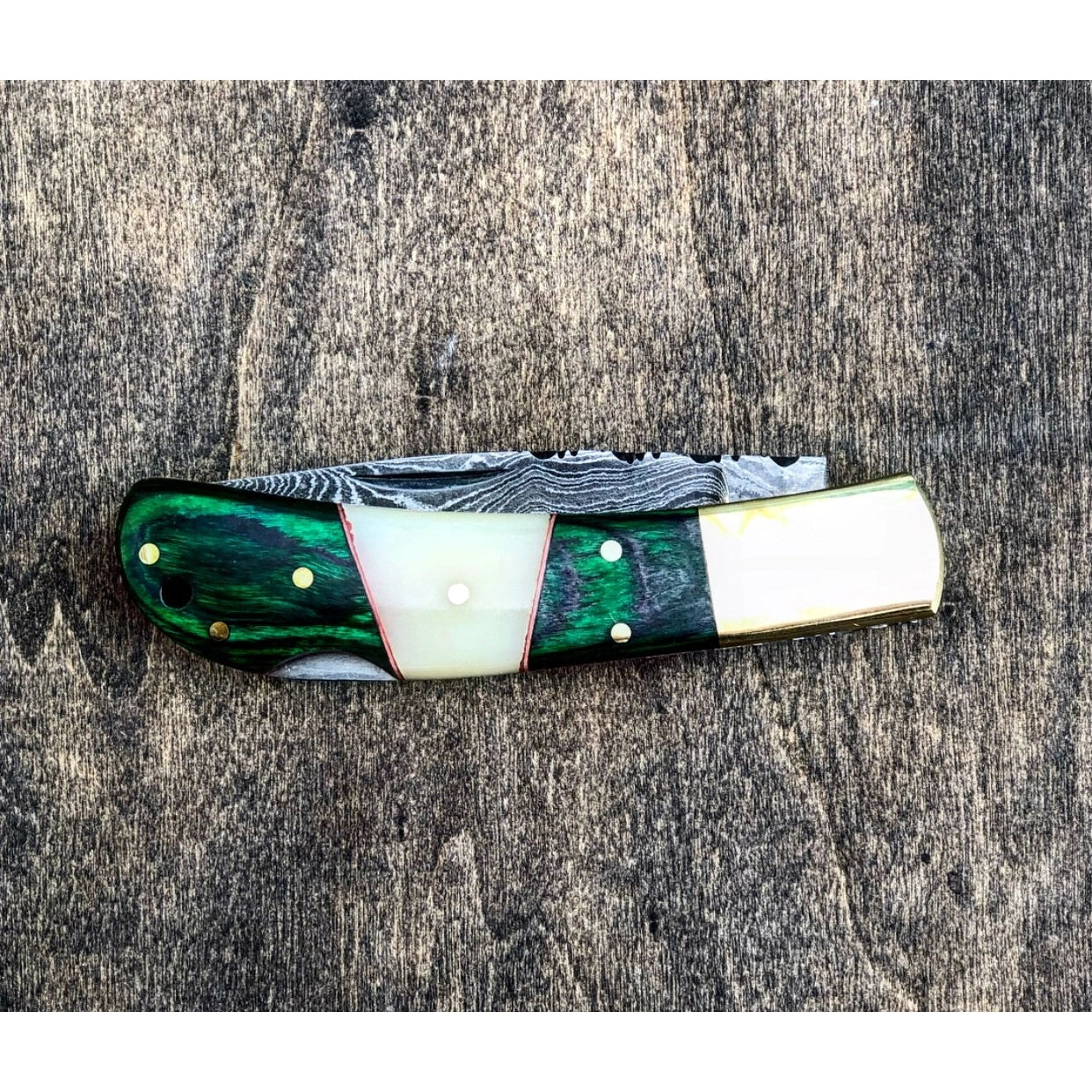 Damascus Folder Pocket Knife - Green