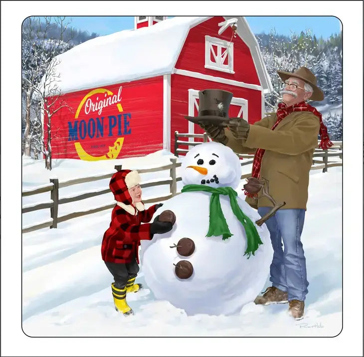 A vintage style puzzle featuring a snowman, a child, and an adult with a farmhouse background, with the text 'Original Moon Pie' on the barn.