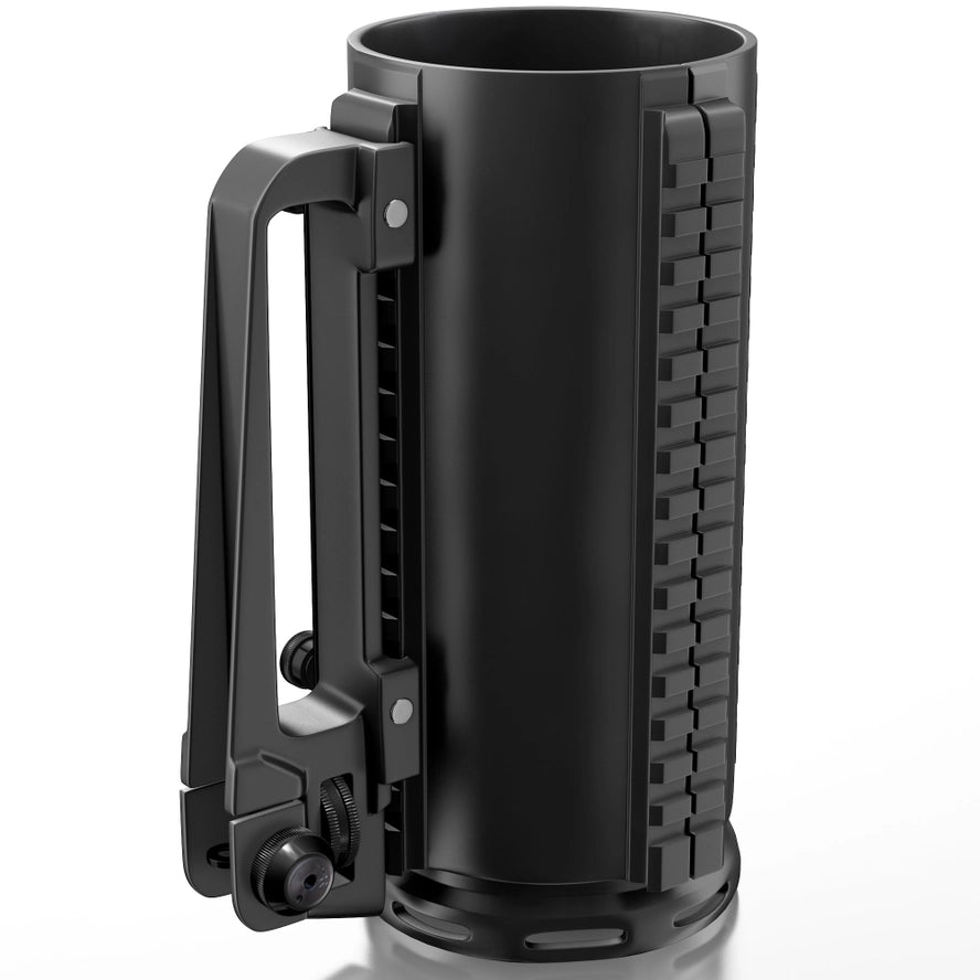 The Combat Tankard - AR15 M4 Tactical 16 Ounce Beer Mug featuring a detachable carry handle and solid aluminum construction.