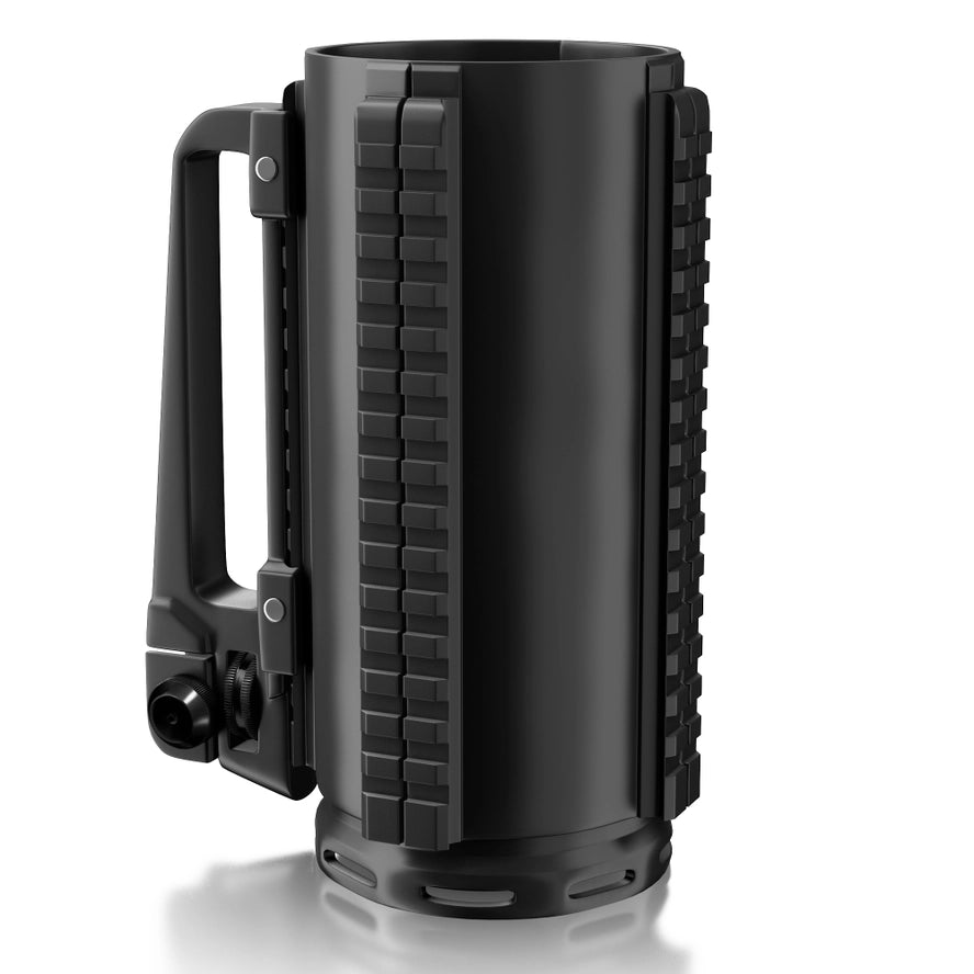 The Combat Tankard - AR15 M4 Tactical 16 Ounce Beer Mug, solid aluminum with detachable carry handle, perfect for outdoorsmen.