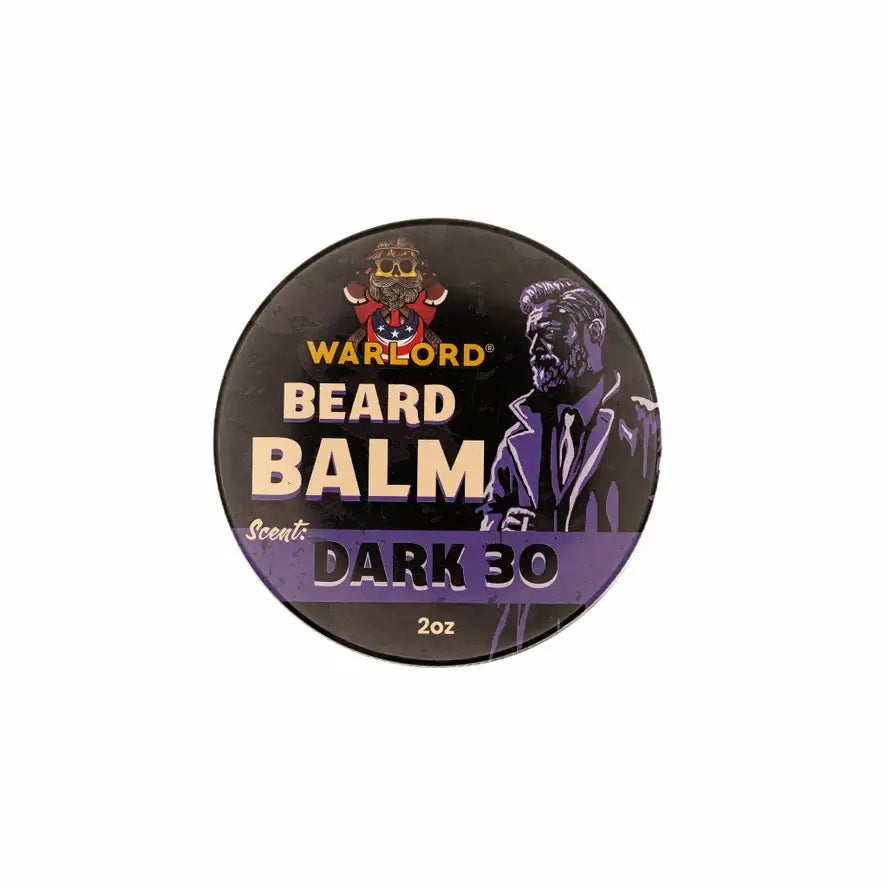 Men's Grooming - WARLORD - Beard Balm in Dark 30 scent, 2oz can featuring stylish packaging.