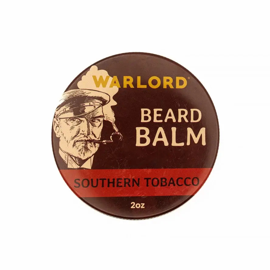 Men's Grooming - WARLORD - Beard Balm in Southern Tobacco scent, 2oz tin featuring vintage design.