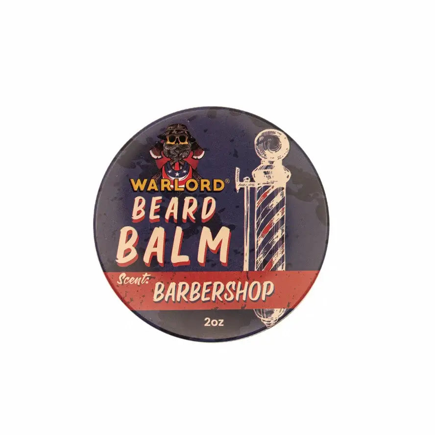 Men's Grooming - WARLORD - Beard Balm in Barbershop scent, 2 oz tin with vintage barber design.