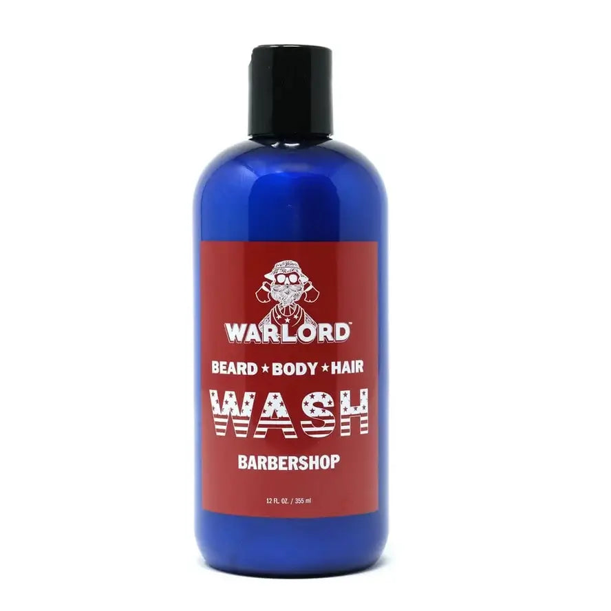 Beard Wash - Men's Grooming - WARLORD - Beard/Body/Hair Wash bottle featuring barbershop branding.