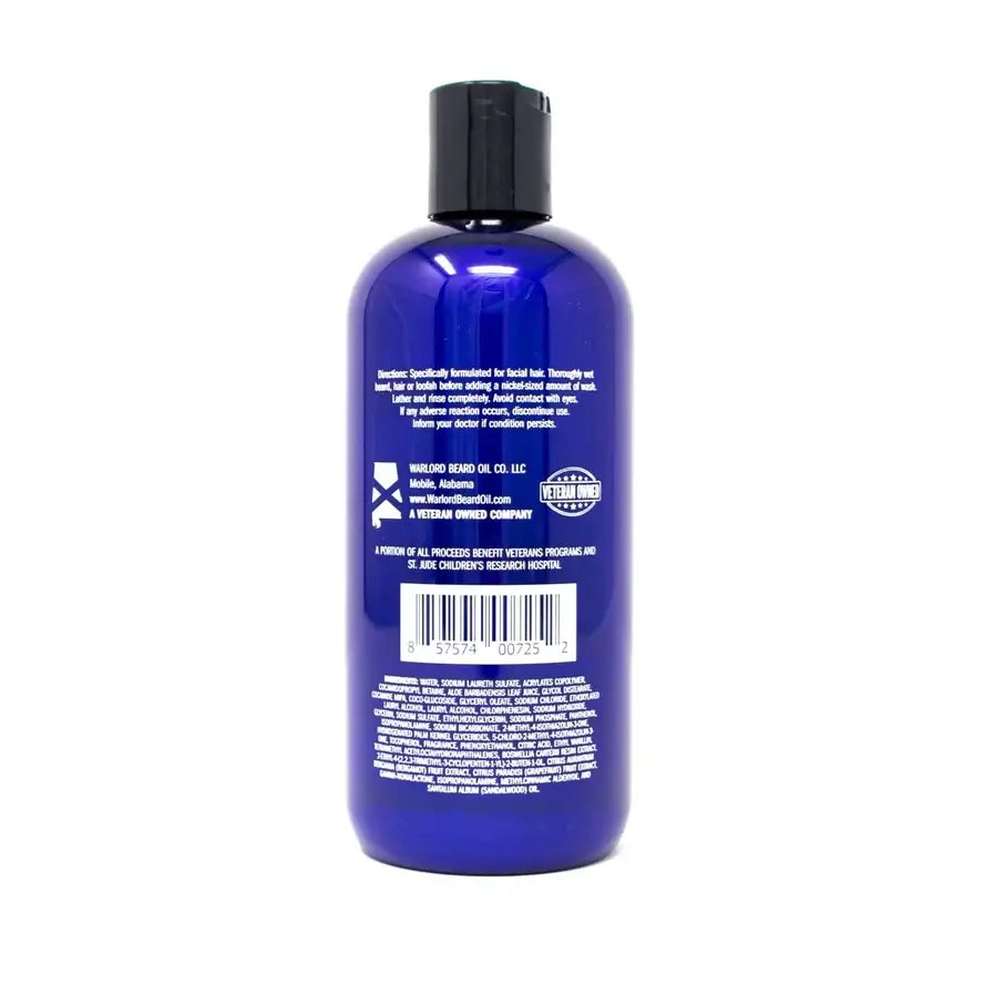 Beard Wash - Men's Grooming - WARLORD - Beard/Body/Hair Wash bottle back view, showcasing packaging design and details.