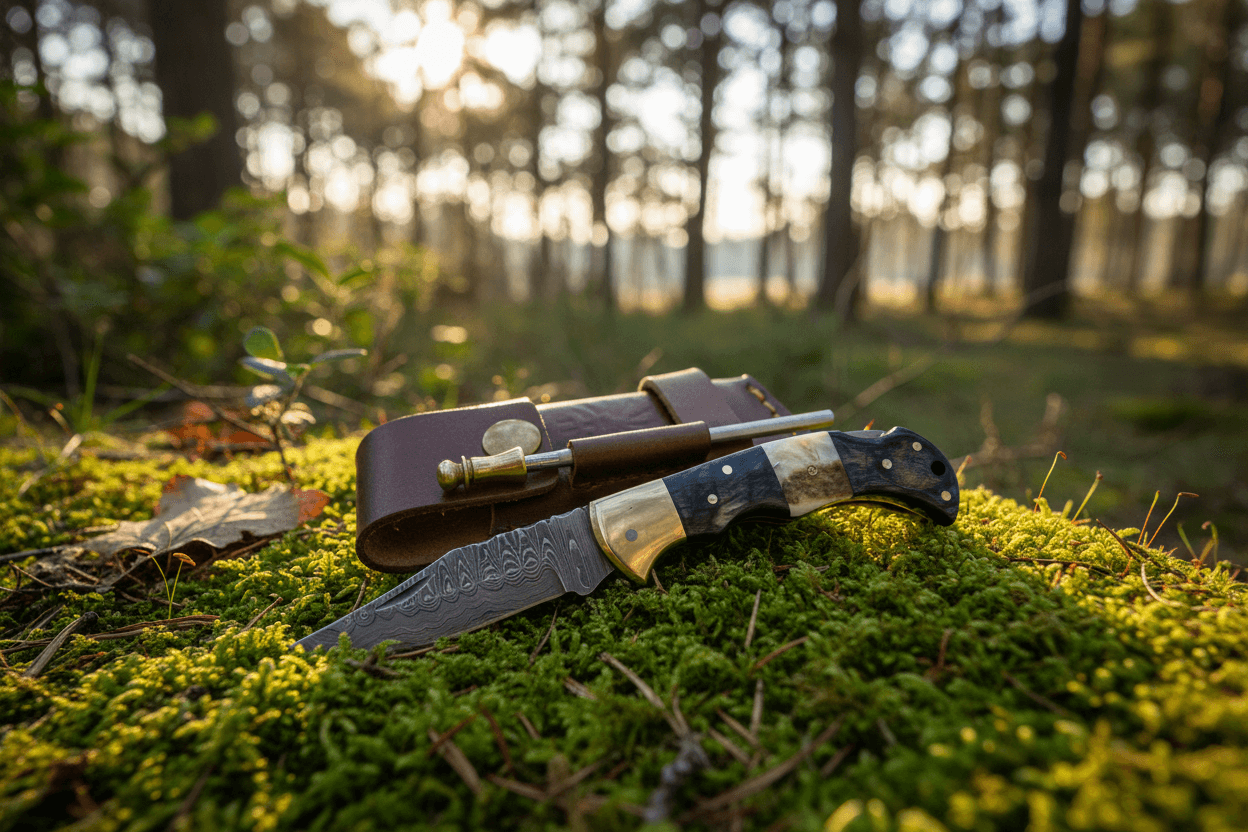 Knife with leather sheath on a mossy forest floor