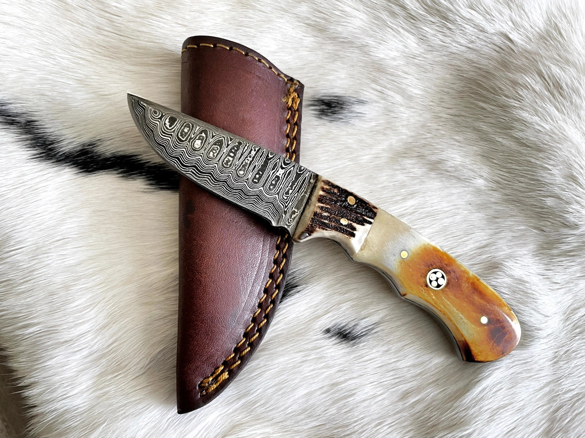 Damascus Steel Burnt Bone & Walnut Knife