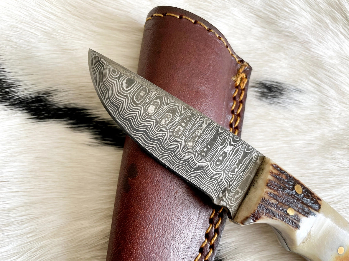 Damascus Steel Burnt Bone & Walnut Knife