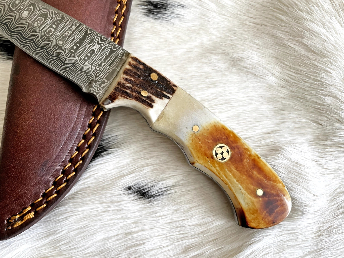 Damascus Steel Burnt Bone & Walnut Knife