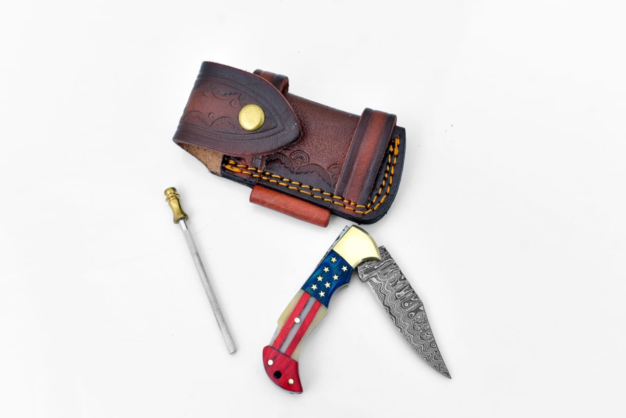 Damascus Steel Pocket Knife - Patriot