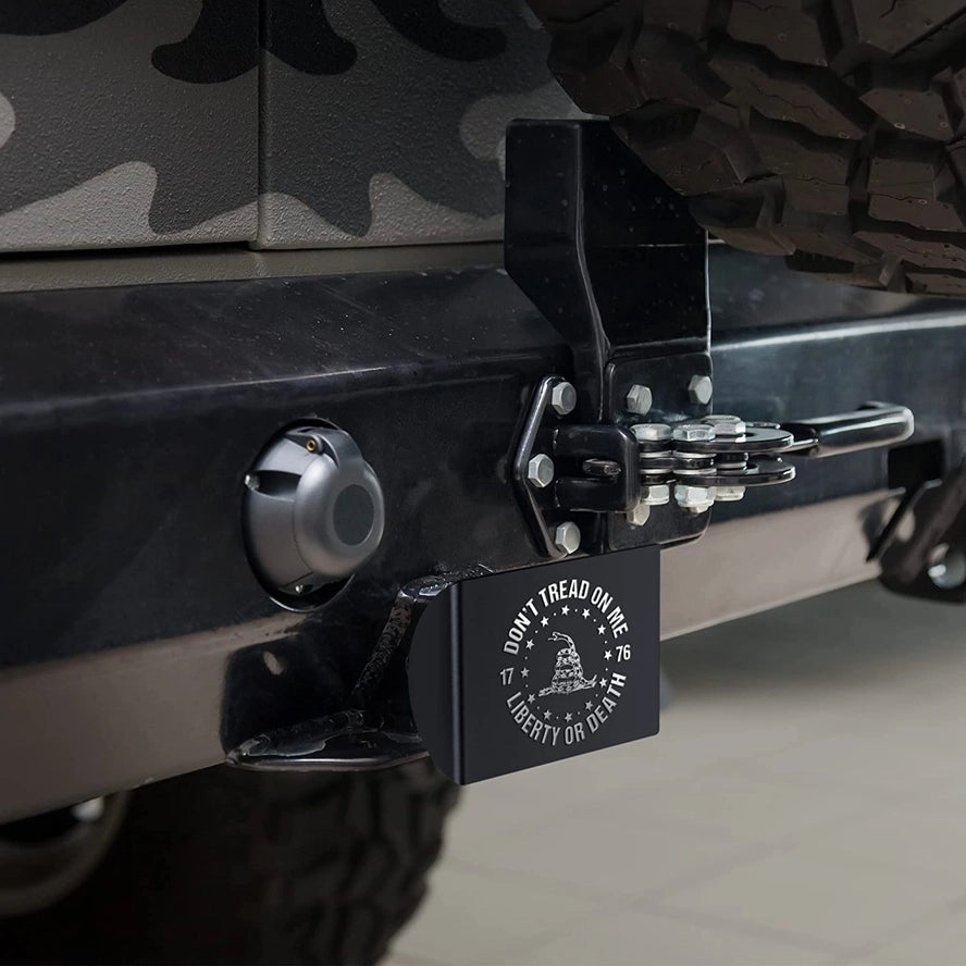 Black & Chrome Metal Trailer Hitch Cover - Don't Tread On Me Gadsden Flag