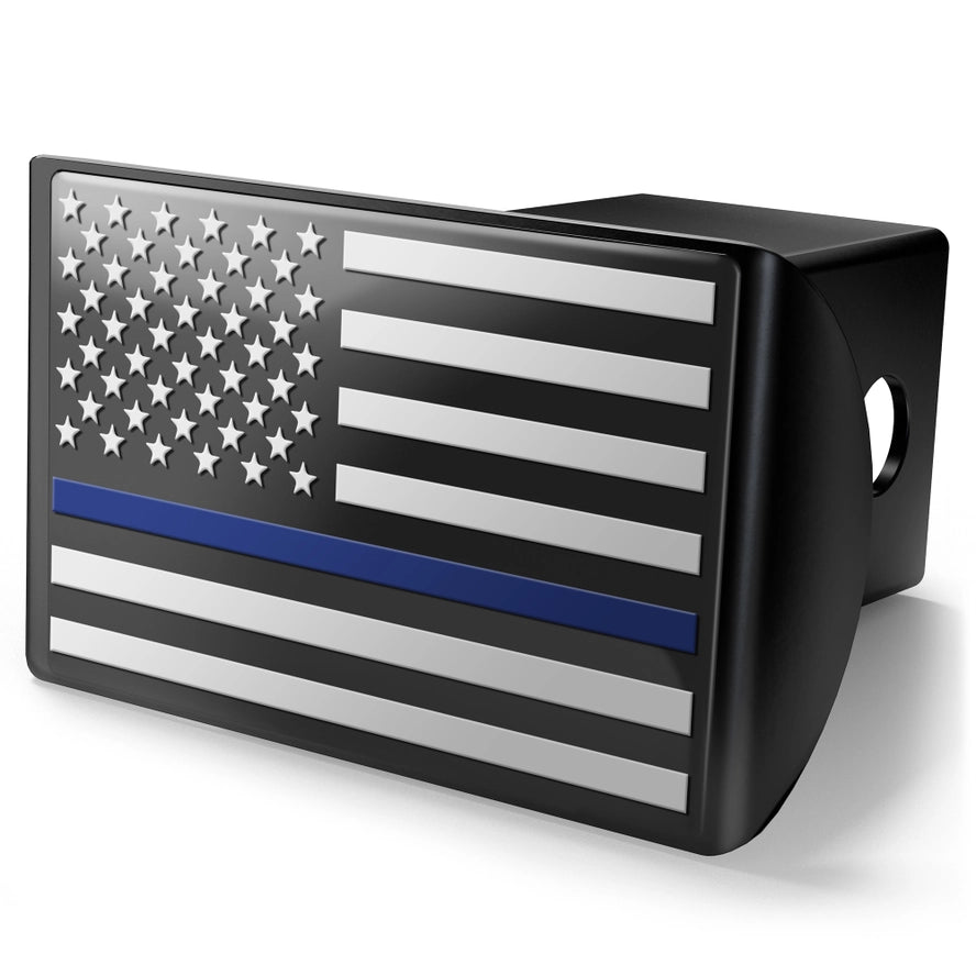 Metal trailer hitch cover featuring a thin blue line police flag design, perfect for custom trailer hitch cover enthusiasts.