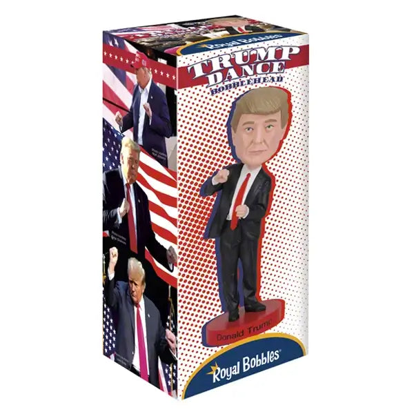 Trump Dance Bobblehead | Royal Bobbles packaging featuring dancing Donald Trump with American flags in the background.