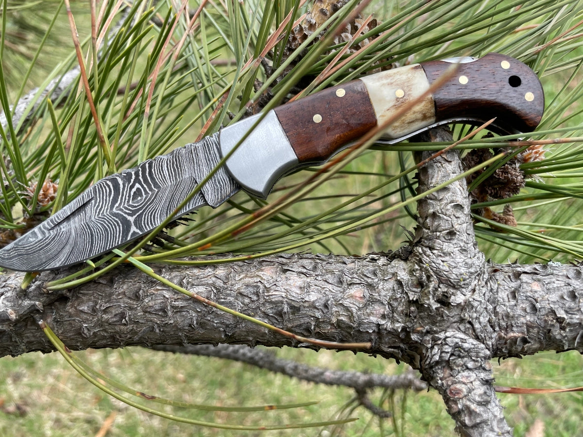 Walnut Wood & Stag 6.5'' Damascus Steel Pocket Knife