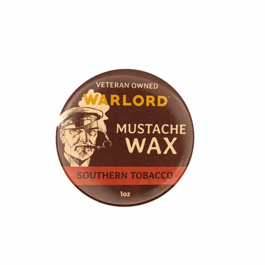 Men's Grooming - WARLORD - Mustache Wax in Southern Tobacco scent, 1oz tin featuring veteran-owned branding.