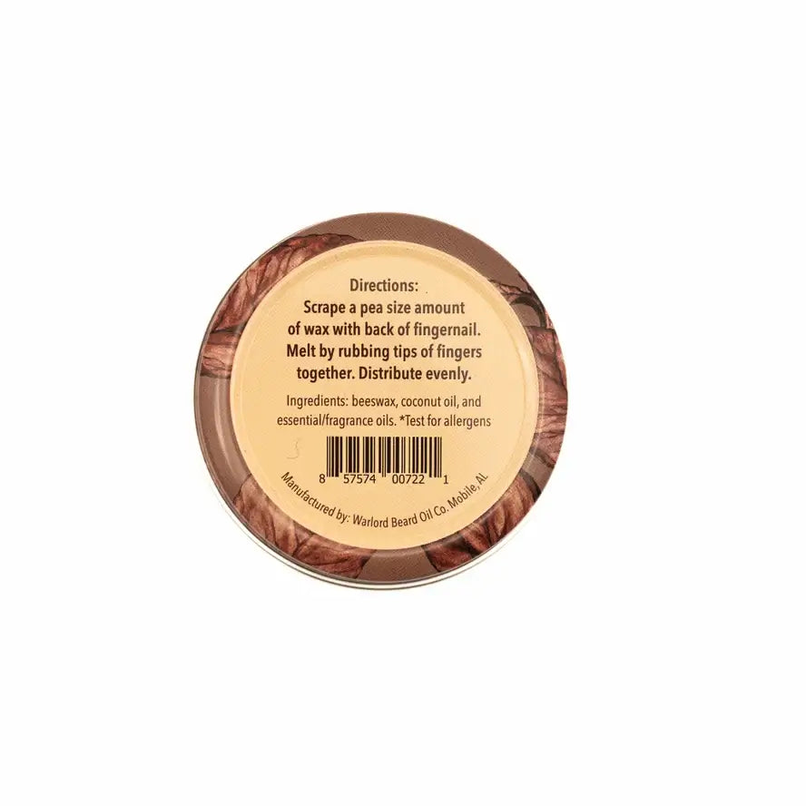 Men's Grooming - WARLORD - Mustache Wax tin showing directions and ingredients for use and application.