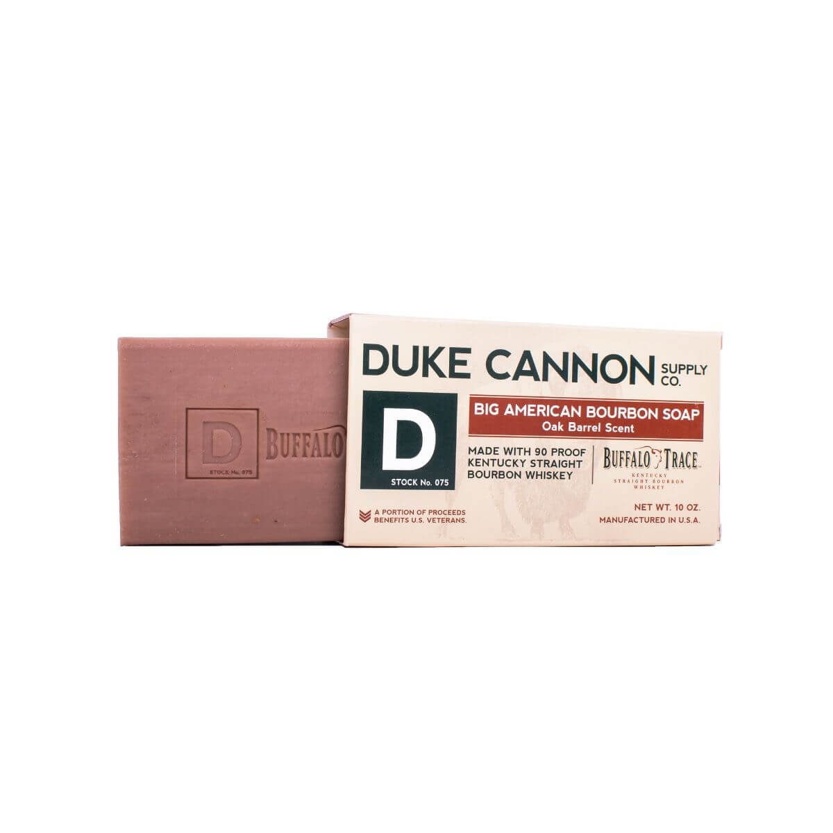Duke Cannon Soap Big American Bourbon Soap box and bar with oak barrel scent next to it.