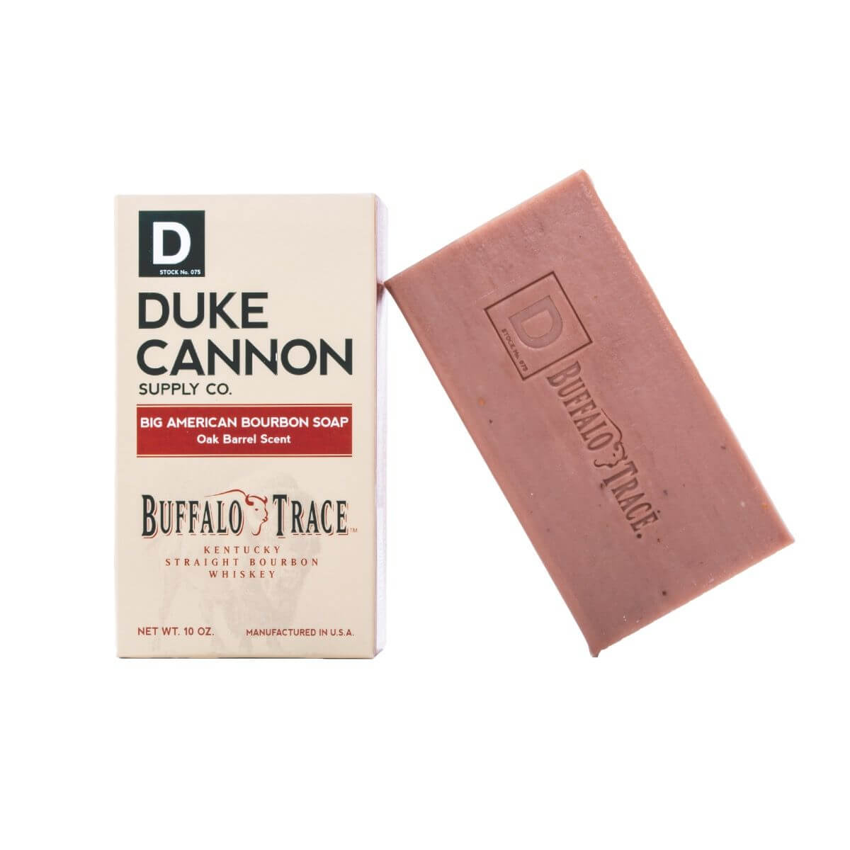 Duke Cannon Soap Big American Bourbon Soap box and bar with oak barrel scent next to it.