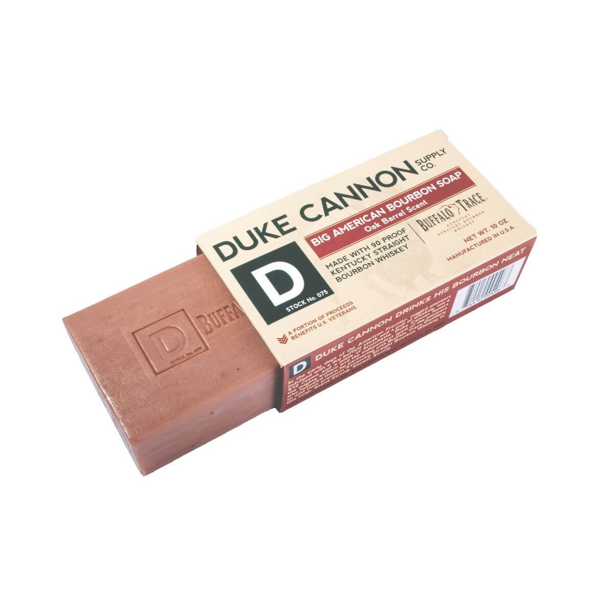 Duke Cannon Soap Big American Bourbon Soap box and bar with oak barrel scent next to it.