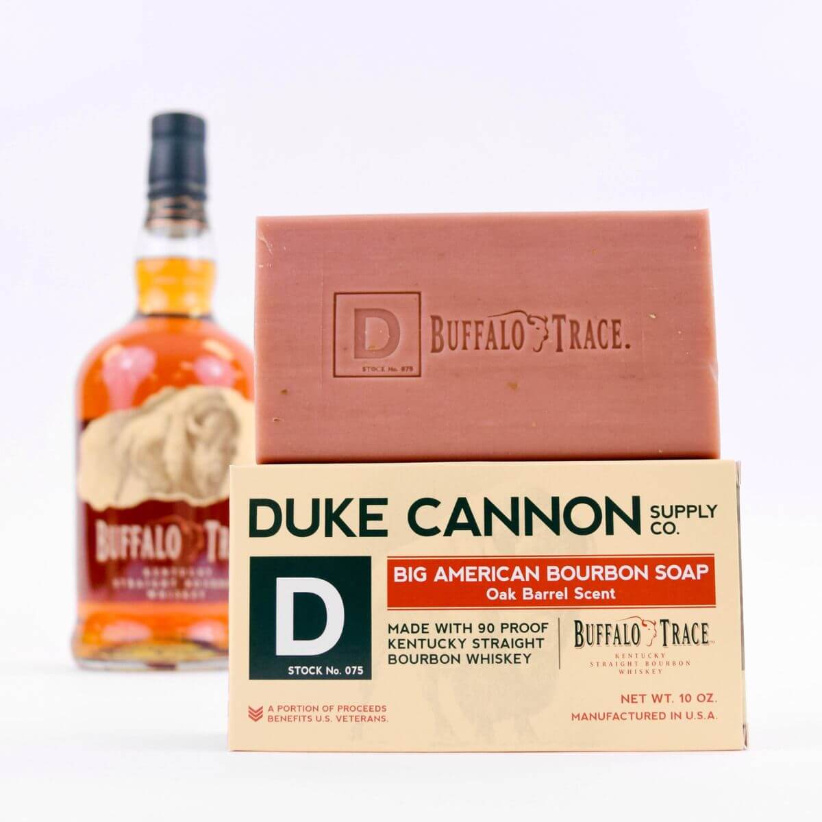 Duke Cannon Soap Big American Bourbon Soap box and bar with oak barrel scent next to it.