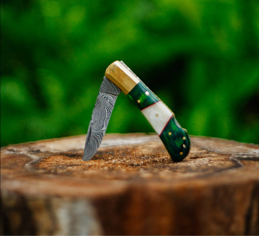 Damascus Folder Pocket Knife - Green